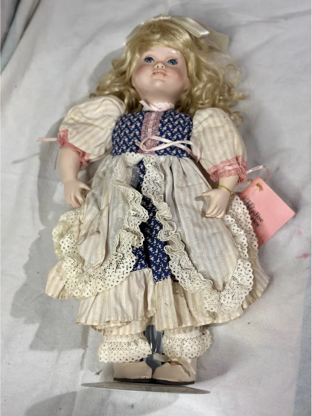 1992 Paradise Galleries Porcelain Doll with Blonde Hair and Blue Dress
